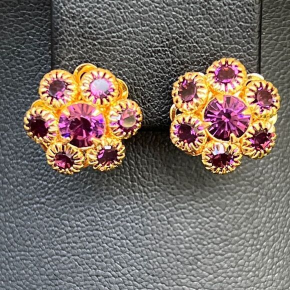 Gold Purple Floral Swarovski Crystals Statement Earrings - Picture 6 of 9